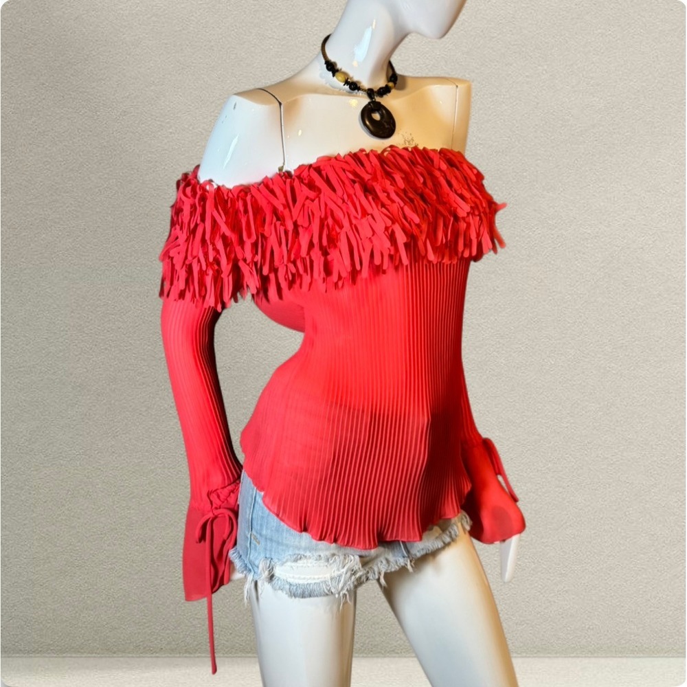Y2K Dressbarn Salmon Off-Shoulder Pleated Fringe Top Bell Sleeves – Size Medium